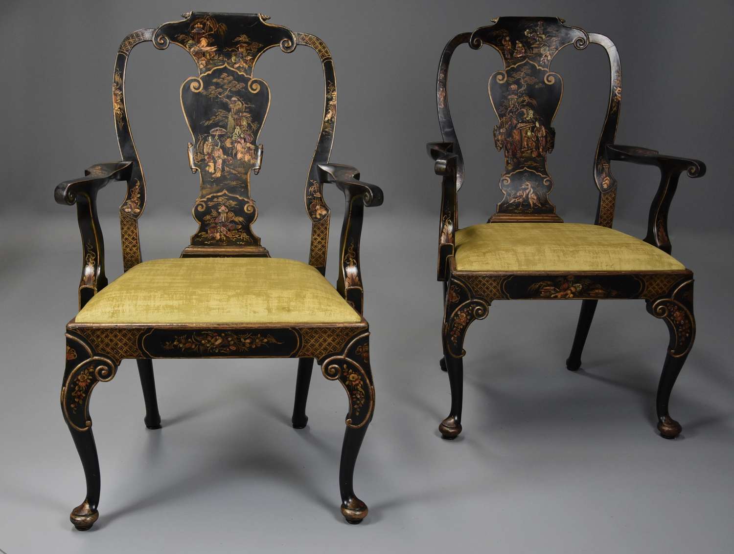 Superb pair of late 19thc George II style Japanned armchairs