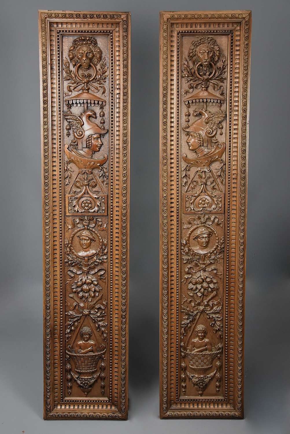 Superb pair of large French late 19th century carved walnut panels