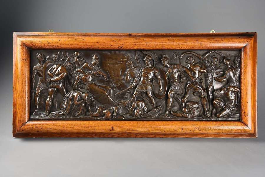 19thc fine quality framed bronzed plaque of a Classical battle scene