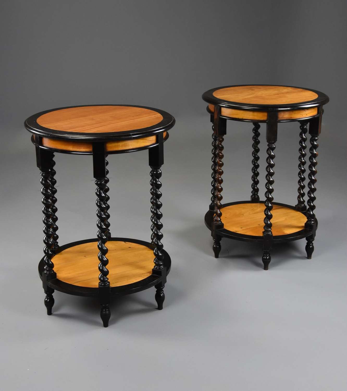 Highly decorative pair of 19thc Ceylonese satinwood & ebony tables