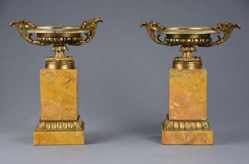 A pair of gilt metal tazzas on marble bases in the Neoclassical style