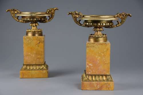 A pair of gilt metal tazzas on marble bases in the Neoclassical style