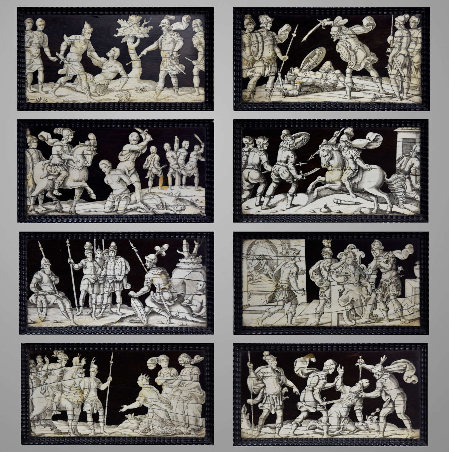 Set of eight Italian 17thc ebony and ivory engraved panels