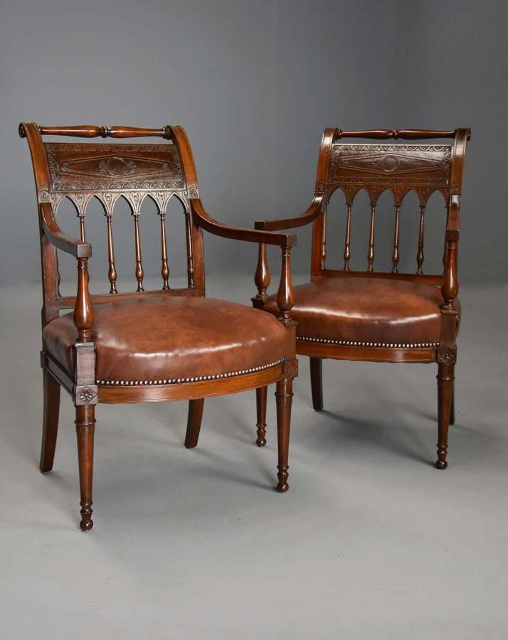 Rare & superb pair of French late 18thc Directoire walnut armchairs