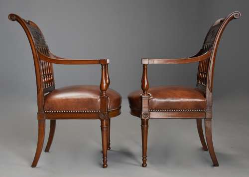 Rare & superb pair of French late 18thc Directoire walnut armchairs
