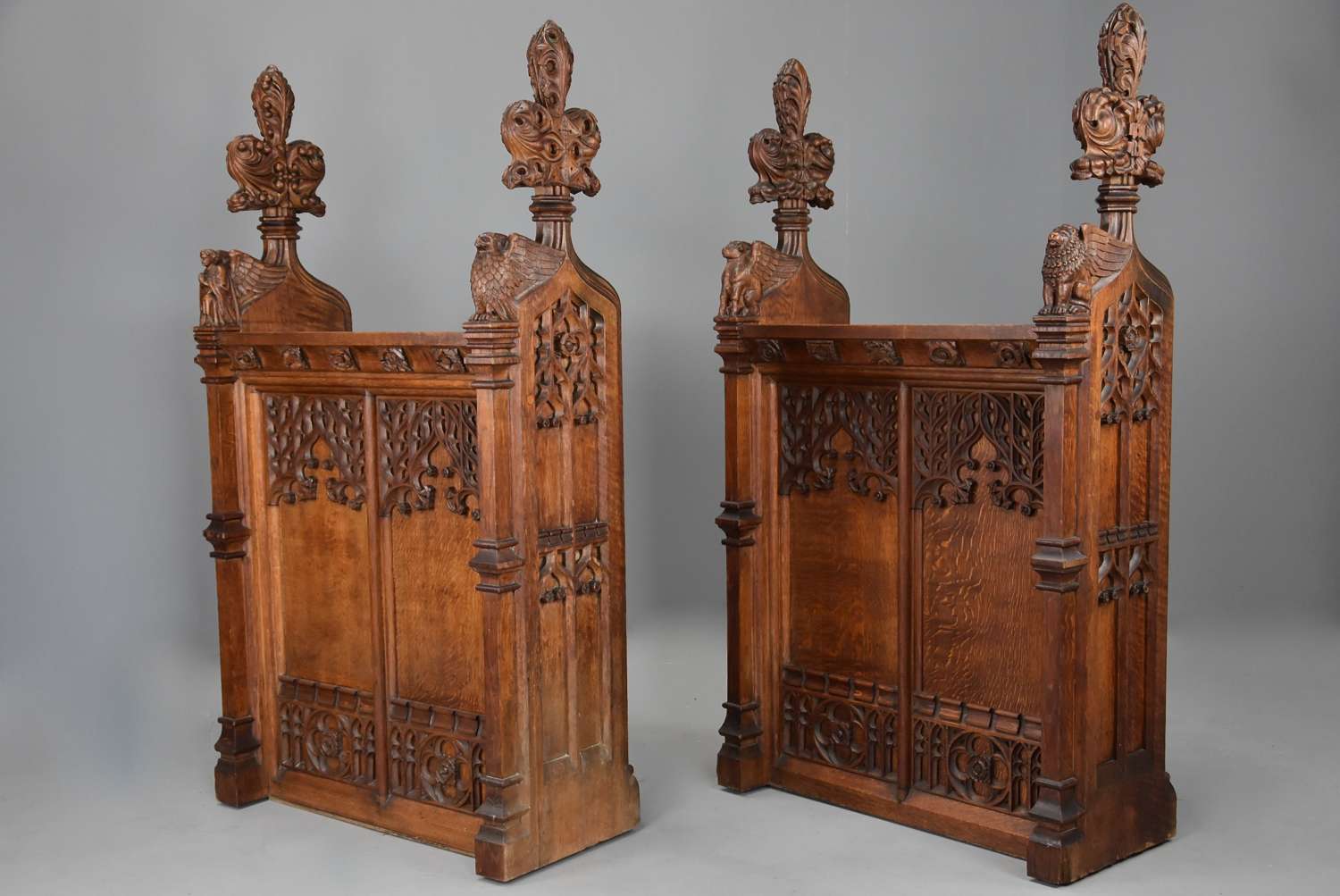 Superb quality pair of 19thc oak Gothic style choir stall fronts