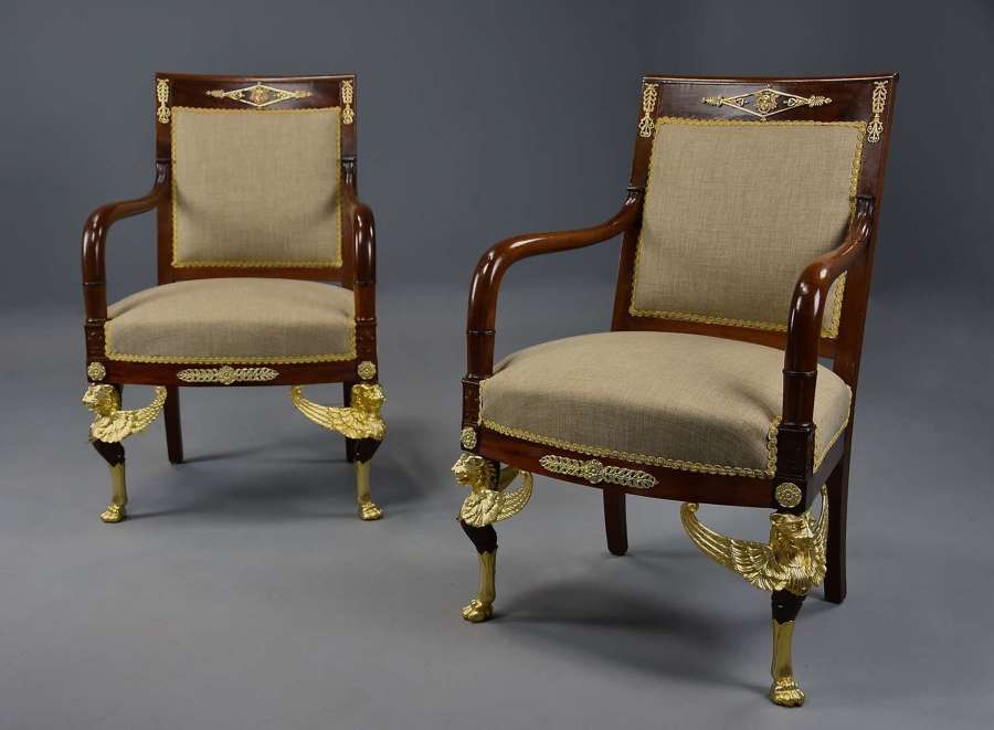 Pair of late 19thc French mahogany fauteuils in the Empire style
