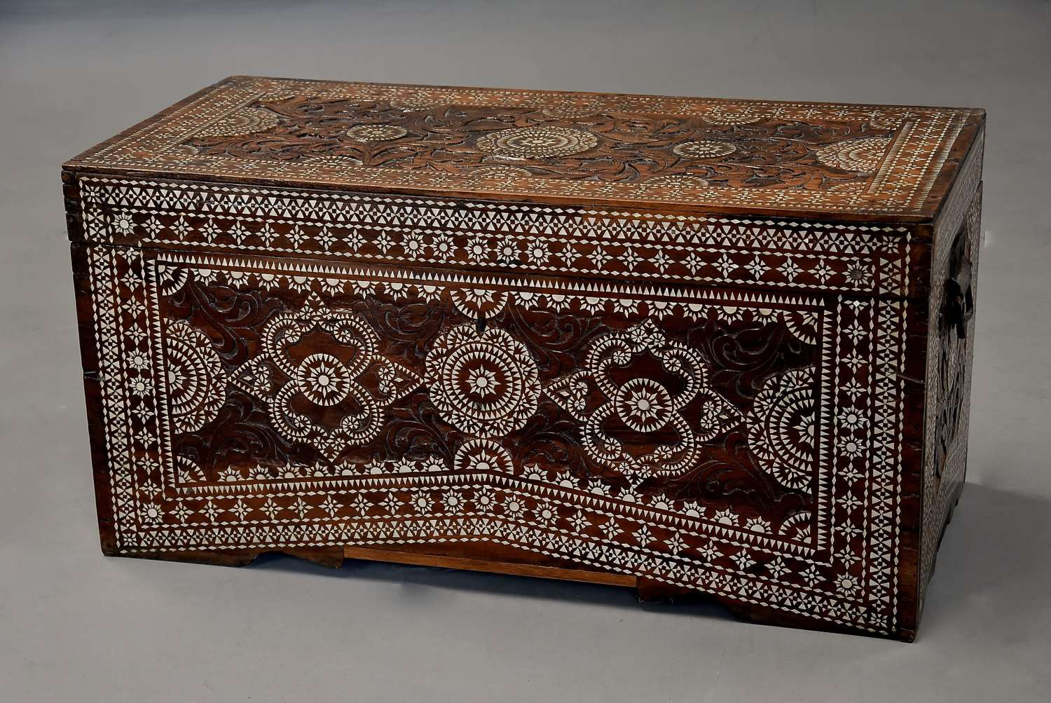 Highly decorative early 20thc hardwood & mother of pearl inlaid trunk