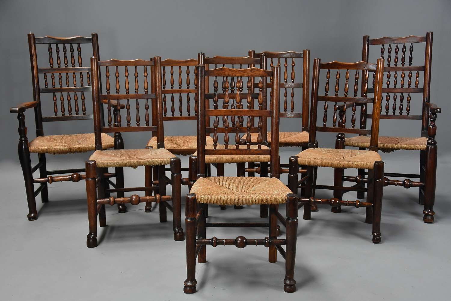 Matched set of eight mid 19thc ash, elm & sycamore spindle back chairs
