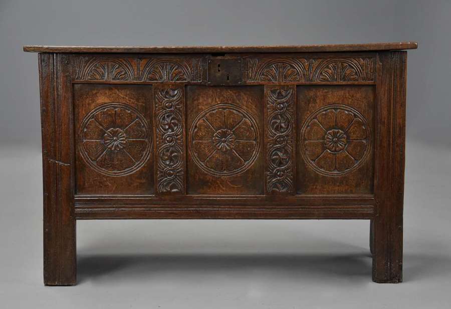 Mid 17thc joined & carved oak coffer of good proportions & patina