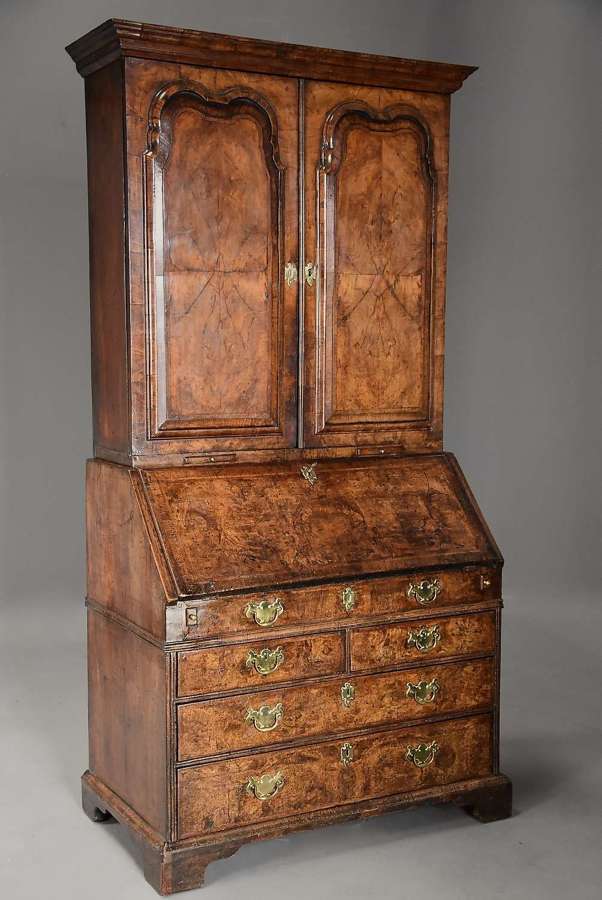 Superb English 18thc burr walnut bureau bookcase with original patina