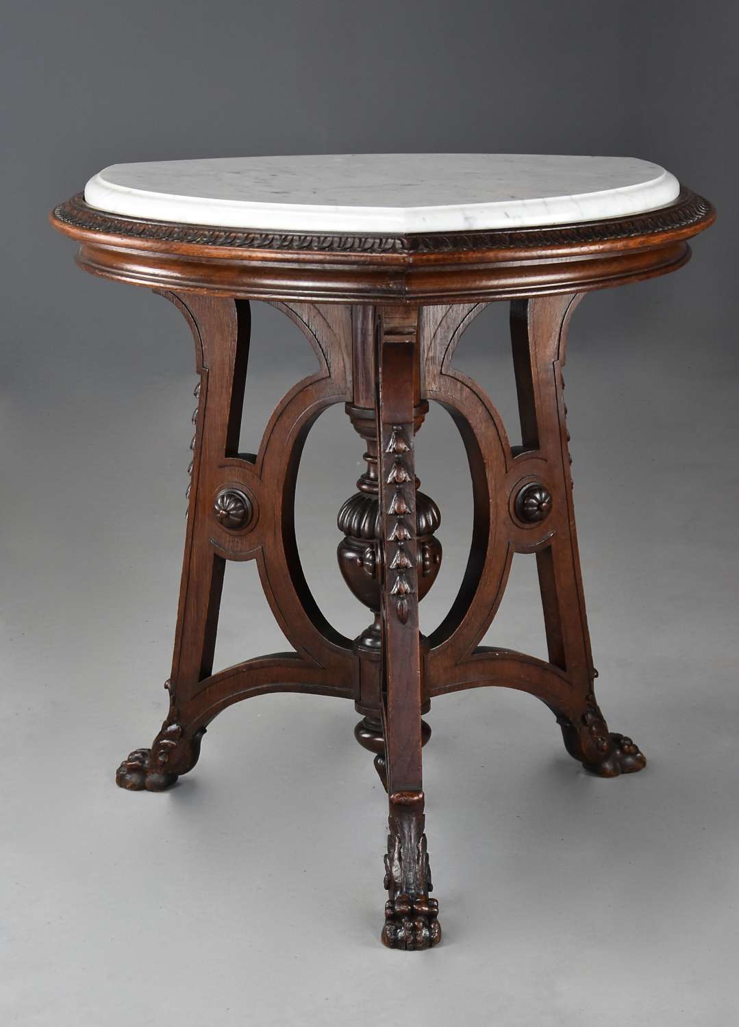 Late 19thc superb Arts & Crafts oak centre table with marble top