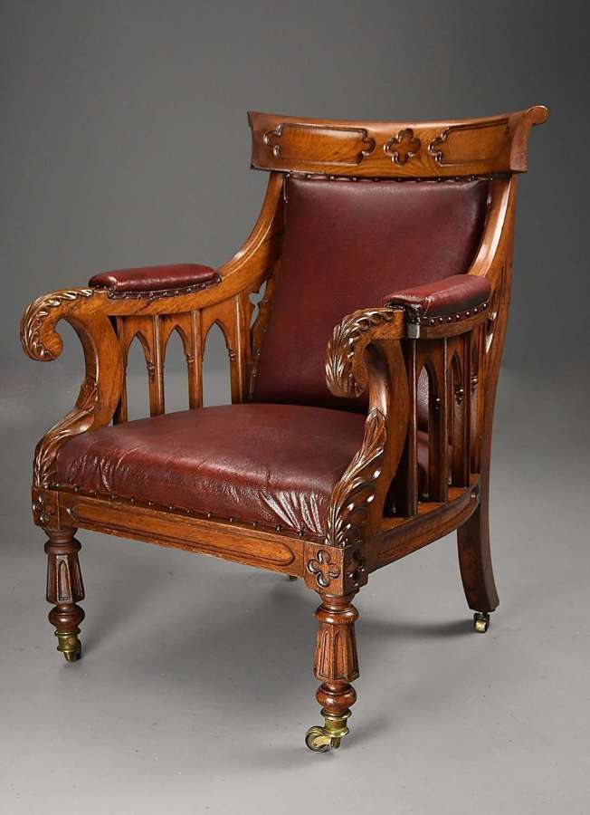 Exceptional early 19thc Gothic revival oak library armchair