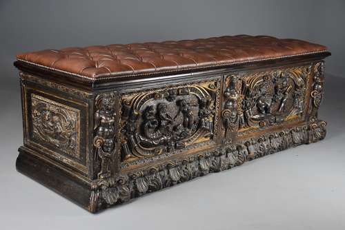 Extremely rare mid 16th century Italian walnut and parcel gilt cassone