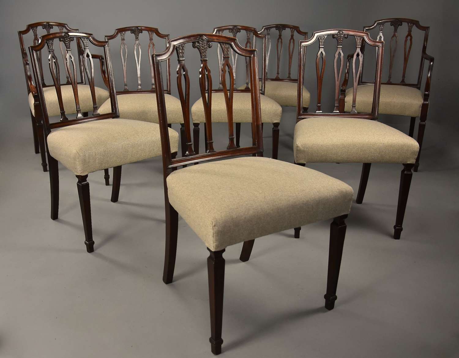 Elegant set of eight late 18thc Sheraton mahogany dining chairs