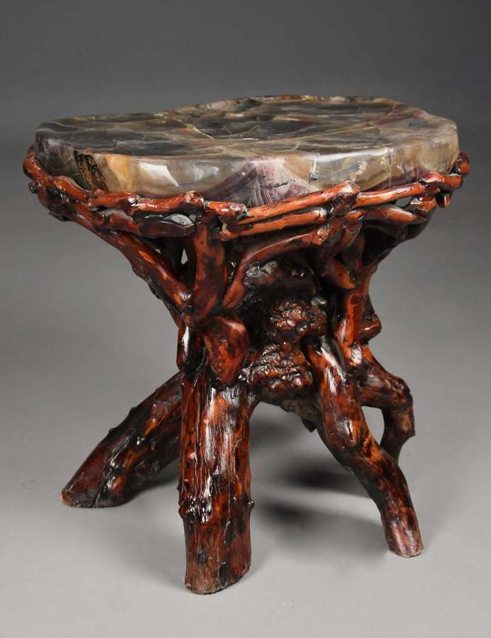 Unusual late 19thc Chinese rootwood table or stand with quartz top