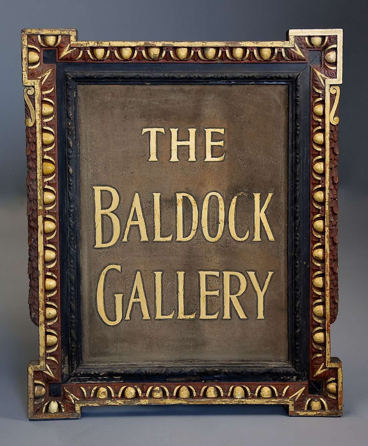 Early 20th century carved wood shop sign of ‘THE BALDOCK GALLERY’