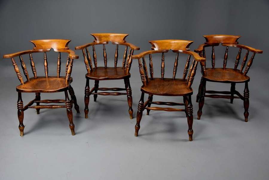 Set of four mid 19thc ash, elm & beech smokers bow Windsor chairs