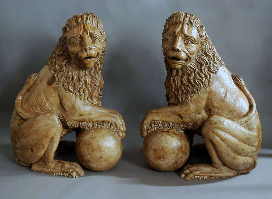 Magnificent pair of 19thc life size Italian carved pine Medici lions