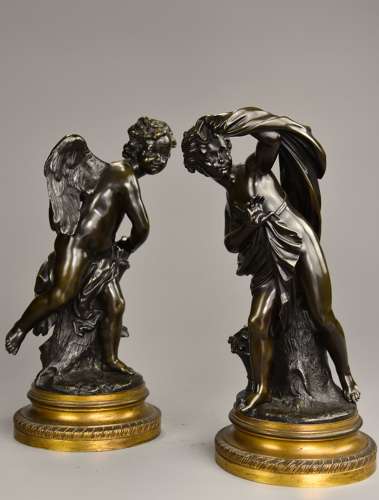 Fine quality pair of 19thc French bronze figures of ‘Cupid' & 'Psyche'