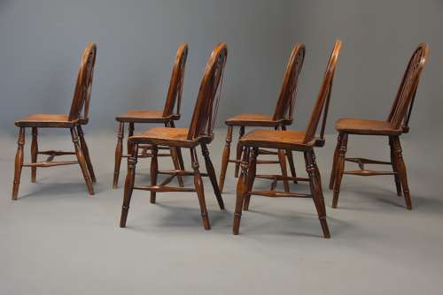 Rare set of six 19thc yew wood low back Windsor chairs of super patina