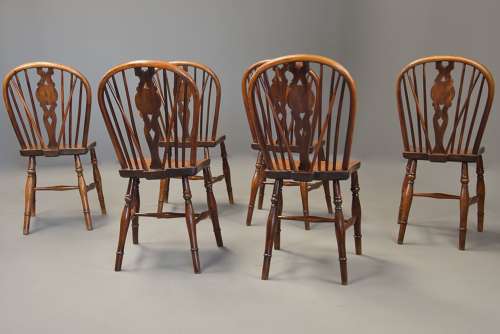 Rare set of six 19thc yew wood low back Windsor chairs of super patina