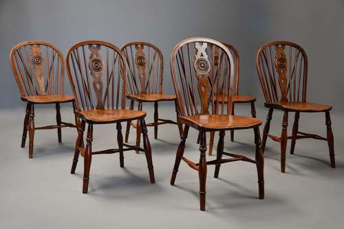 Rare set of six 19thc yew wood low back Windsor chairs of super patina