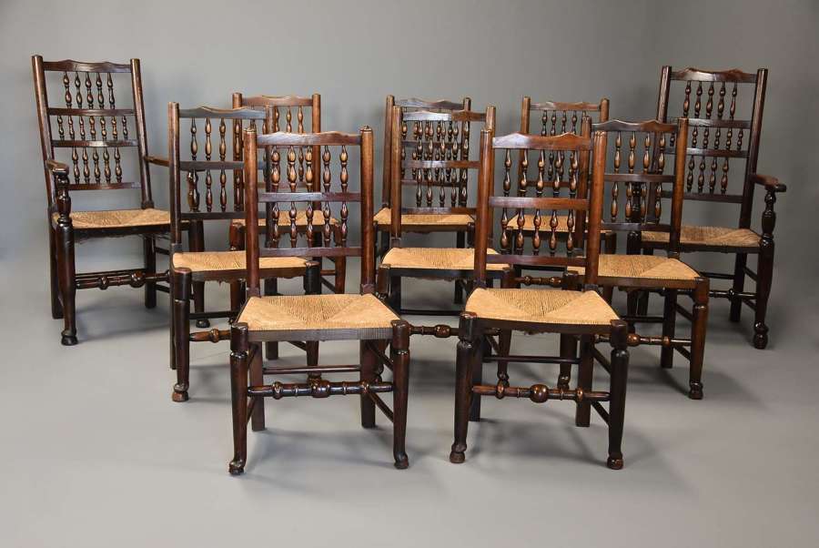 Mid 19thc matched set of ten ash, elm and sycamore spindle back chairs