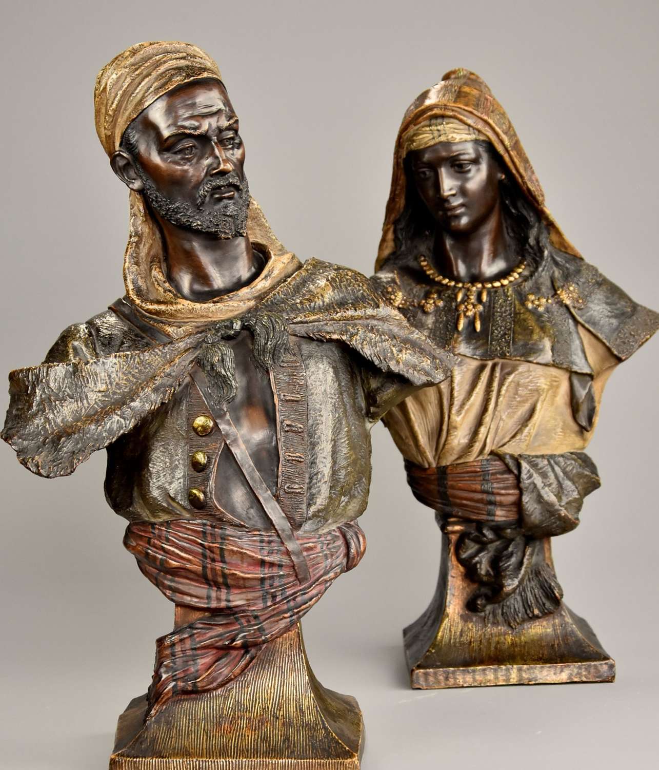 Superb pair of 19thc Orientalist polychrome busts by Goldscheider