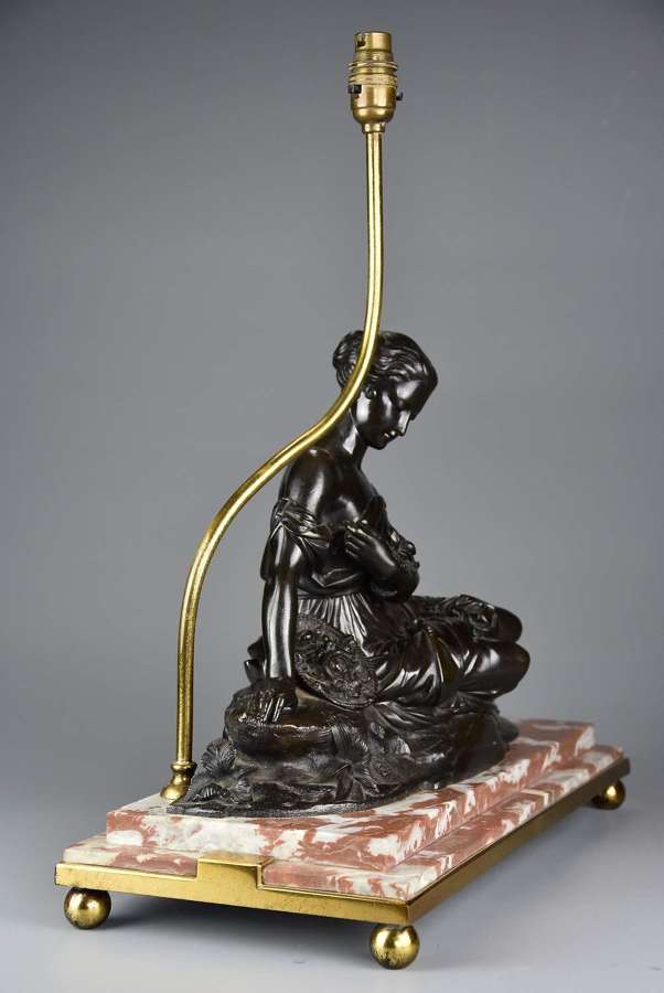Early 20thc fine quality French bronze & marble table lamp of a female