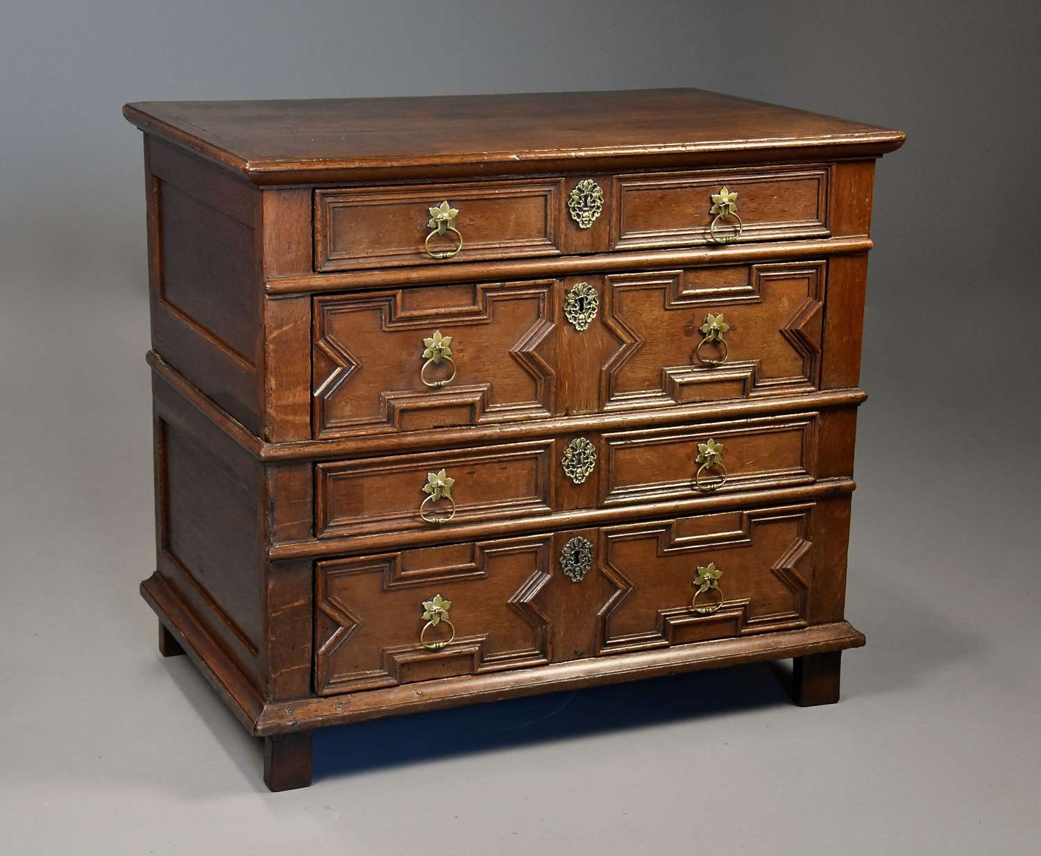 Late 17thc oak moulded front chest of drawers of fine, faded patina