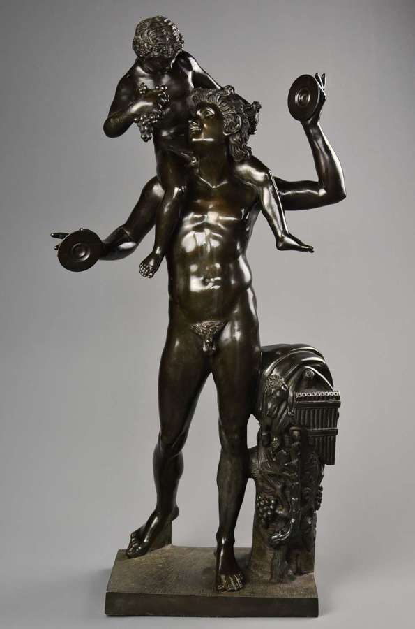 Large 19thc fine quality bronze of &lsquo;Dancing faun with infant Bacchus'
