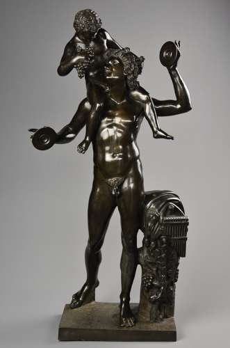 Large 19thc fine quality bronze of ‘Dancing faun with infant Bacchus'