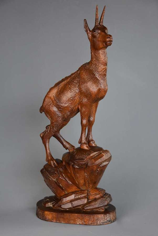 19thc Black Forest finely carved linden wood figure of a female ibex