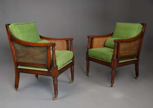 Pair of mahogany bergère armchairs in the Sheraton style