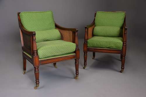 Pair of mahogany bergère armchairs in the Sheraton style