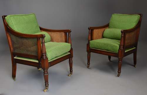 Pair of mahogany bergère armchairs in the Sheraton style