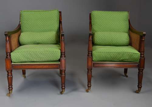 Pair of mahogany bergère armchairs in the Sheraton style