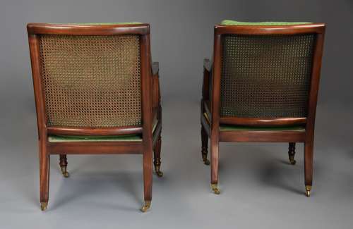 Pair of mahogany bergère armchairs in the Sheraton style