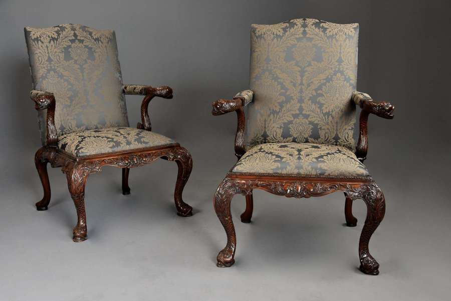 Superb pair of George II style mahogany Gainsborough armchairs
