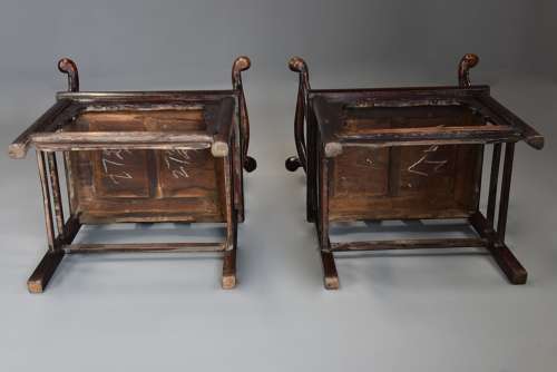 Pair of late 19thc Chinese elm yokeback armchairs of good patina