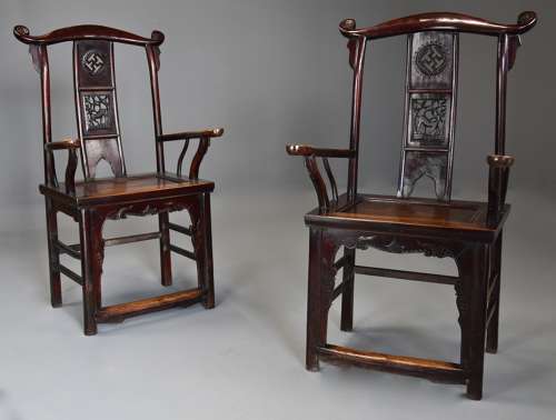 Pair of late 19thc Chinese elm yokeback armchairs of good patina