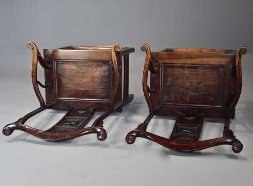 Pair of late 19thc Chinese elm yokeback armchairs of good patina