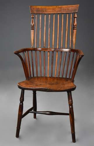 Mid 19th century ash, elm and fruitwood comb back Windsor armchair