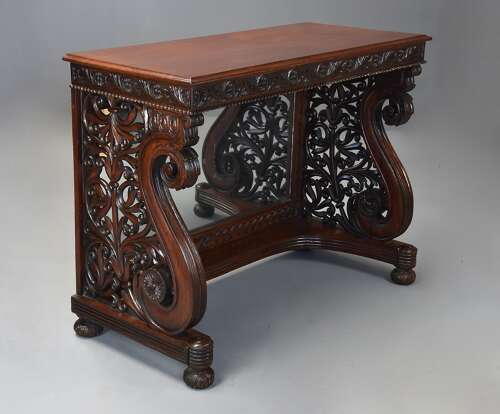 Mid 19th century carved Anglo Indian padouk console table, probably from the Bombay region