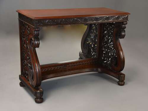 Mid 19th century carved Anglo Indian padouk console table, probably from the Bombay region