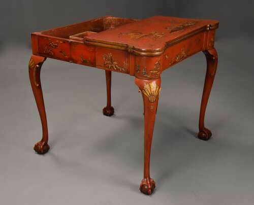 Early 20th century red lacquered Chinoiserie card or games table in the 18th century style