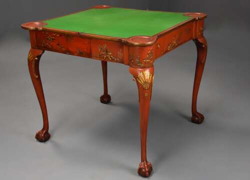 Early 20th century red lacquered Chinoiserie card or games table in the 18th century style