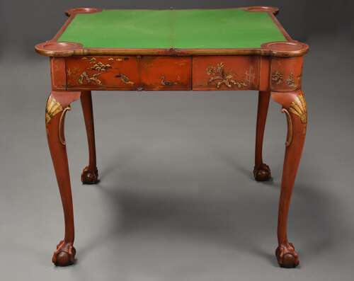 Early 20th century red lacquered Chinoiserie card or games table in the 18th century style