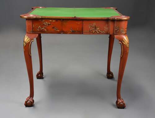 Early 20th century red lacquered Chinoiserie card or games table in the 18th century style
